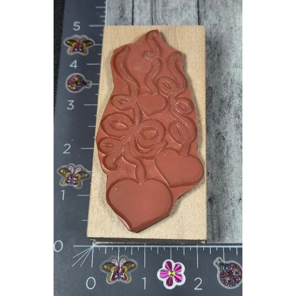 All Night Media Ribbon Hearts 550-J23 Rubber Stamp Wood #J49